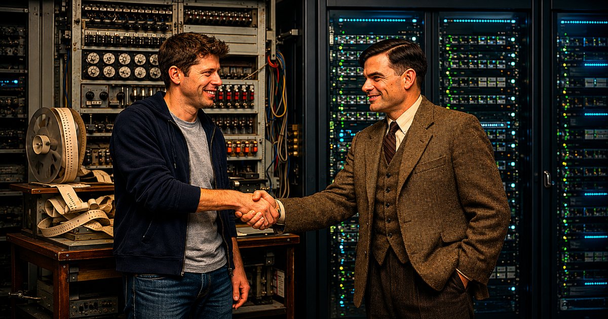 Altman de OpenAI y Alan Turing dándose la mano delante de un servidor moderno y una computadora Colossus